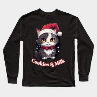 Cookies & Milk - Christmas Cat - Winter Holiday Graphic Quote Long Sleeve T-Shirt